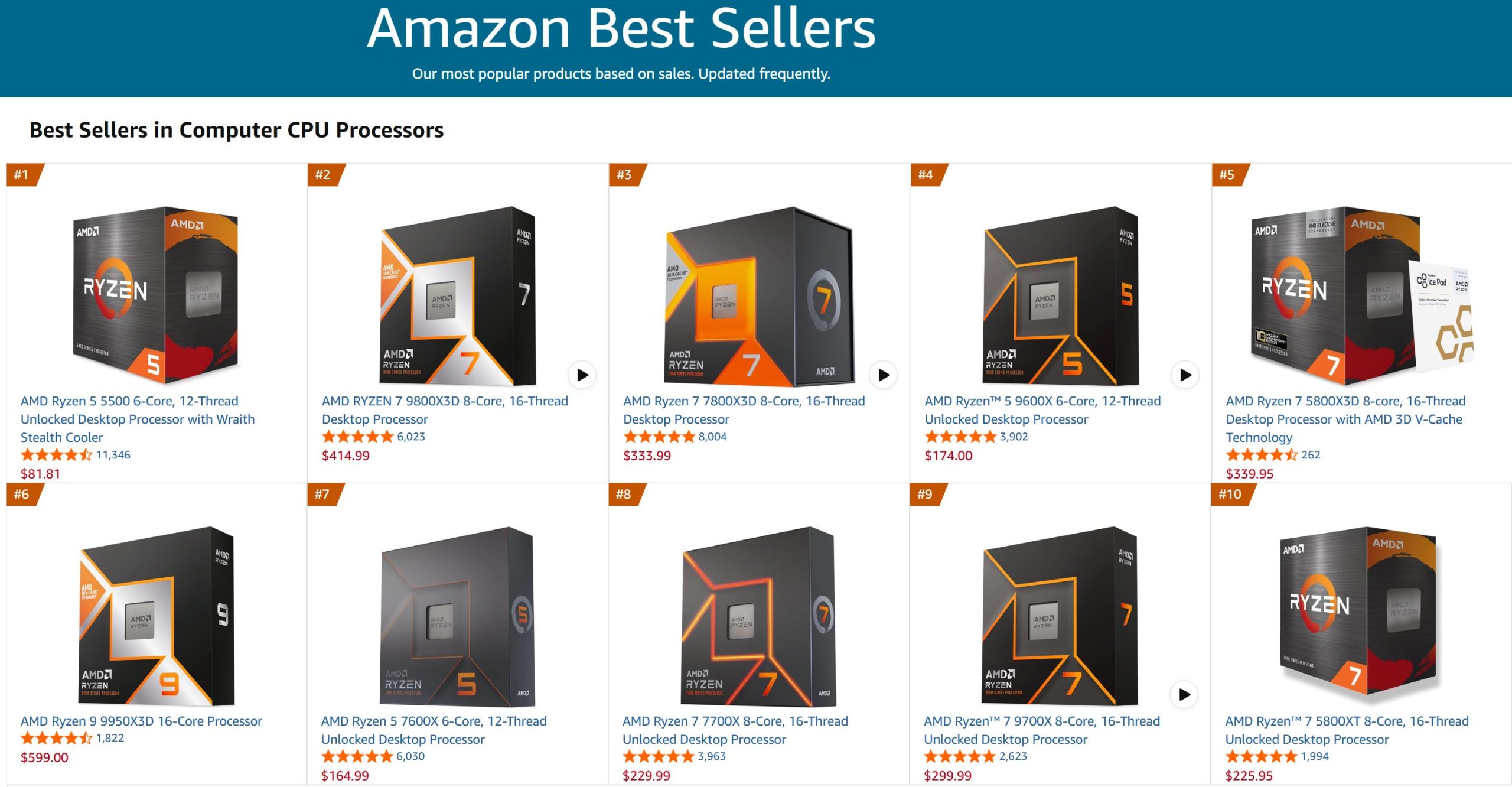 Une page des meilleures ventes Amazon affichant les processeurs CPU les plus populaires, avec les AMD Ryzen 5 5500, Ryzen 7 9800X3D et Ryzen 9 9950X3D, à différents prix et notes.