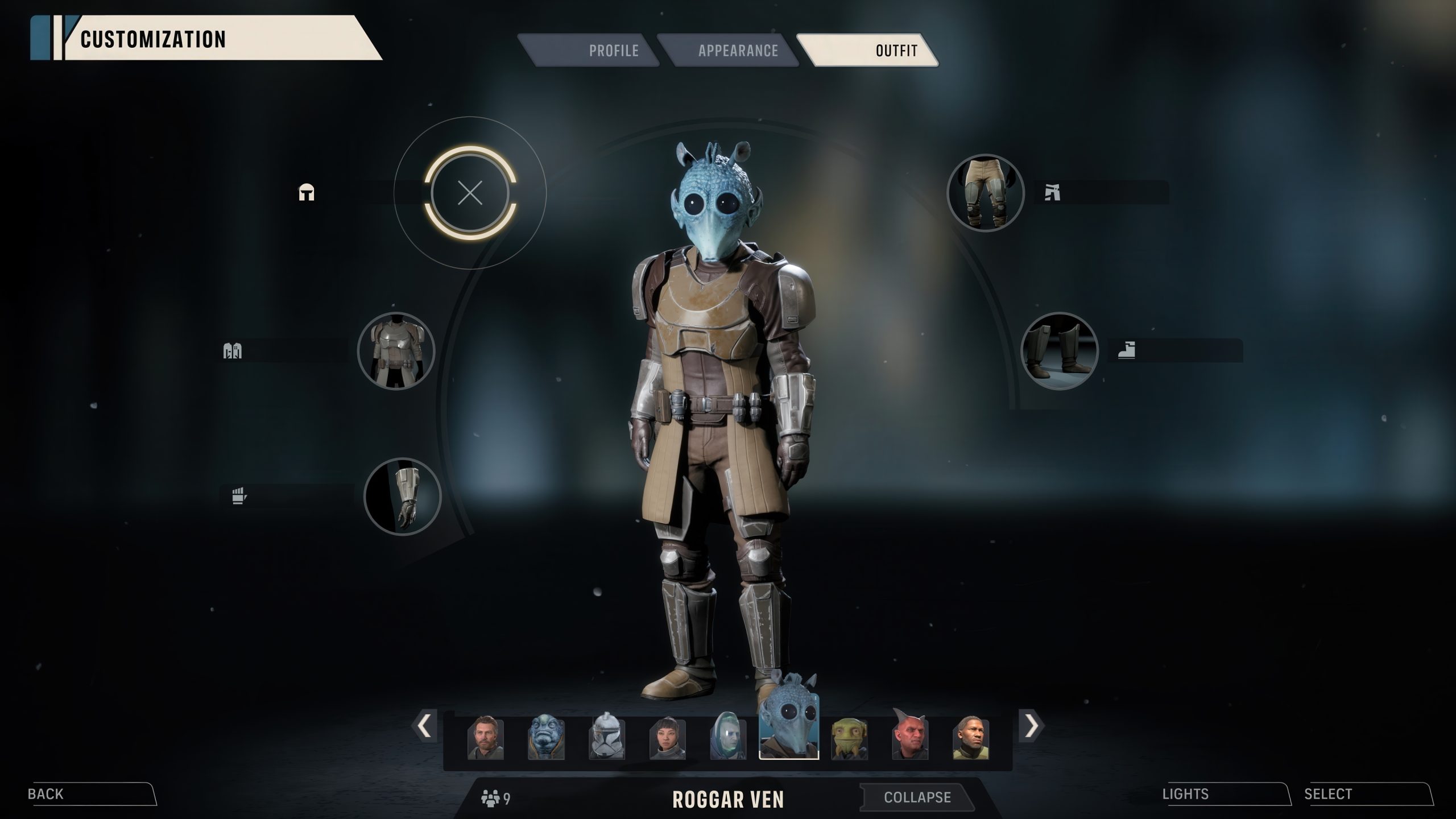 Un écran de personnalisation de personnage dans un jeu affiche un personnage nommé 'ROGGAR VEN' avec diverses pièces d'armure.