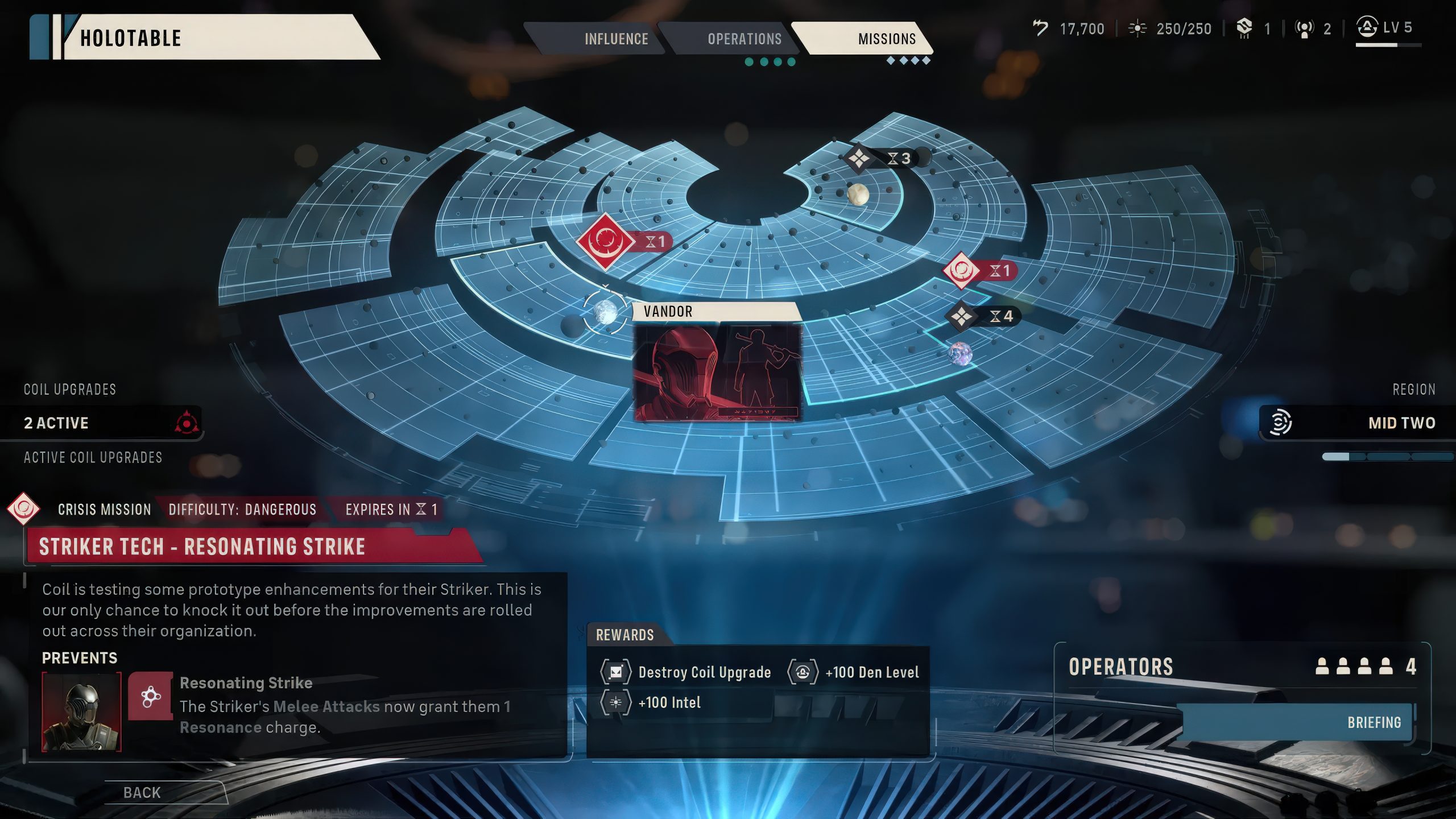 Une interface de jeu de stratégie montrant une carte holotable avec des détails de mission.