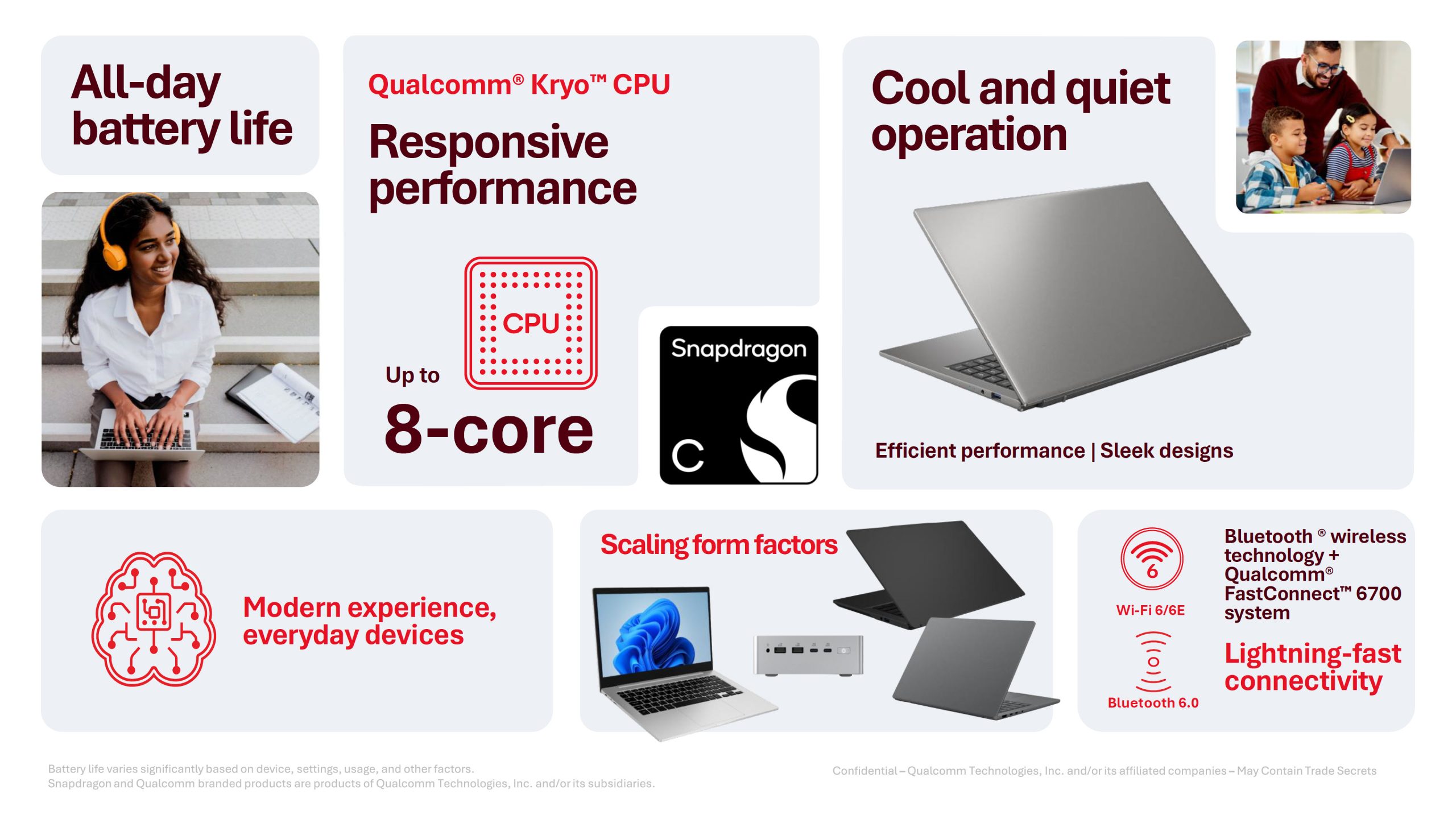Image promotionnelle Qualcomm avec le logo Snapdragon et des mentions sur le CPU Kryo, jusqu'à 8 cœurs, l'autonomie d'une journée, un fonctionnement silencieux et des connexions Bluetooth et Wi-Fi rapides.