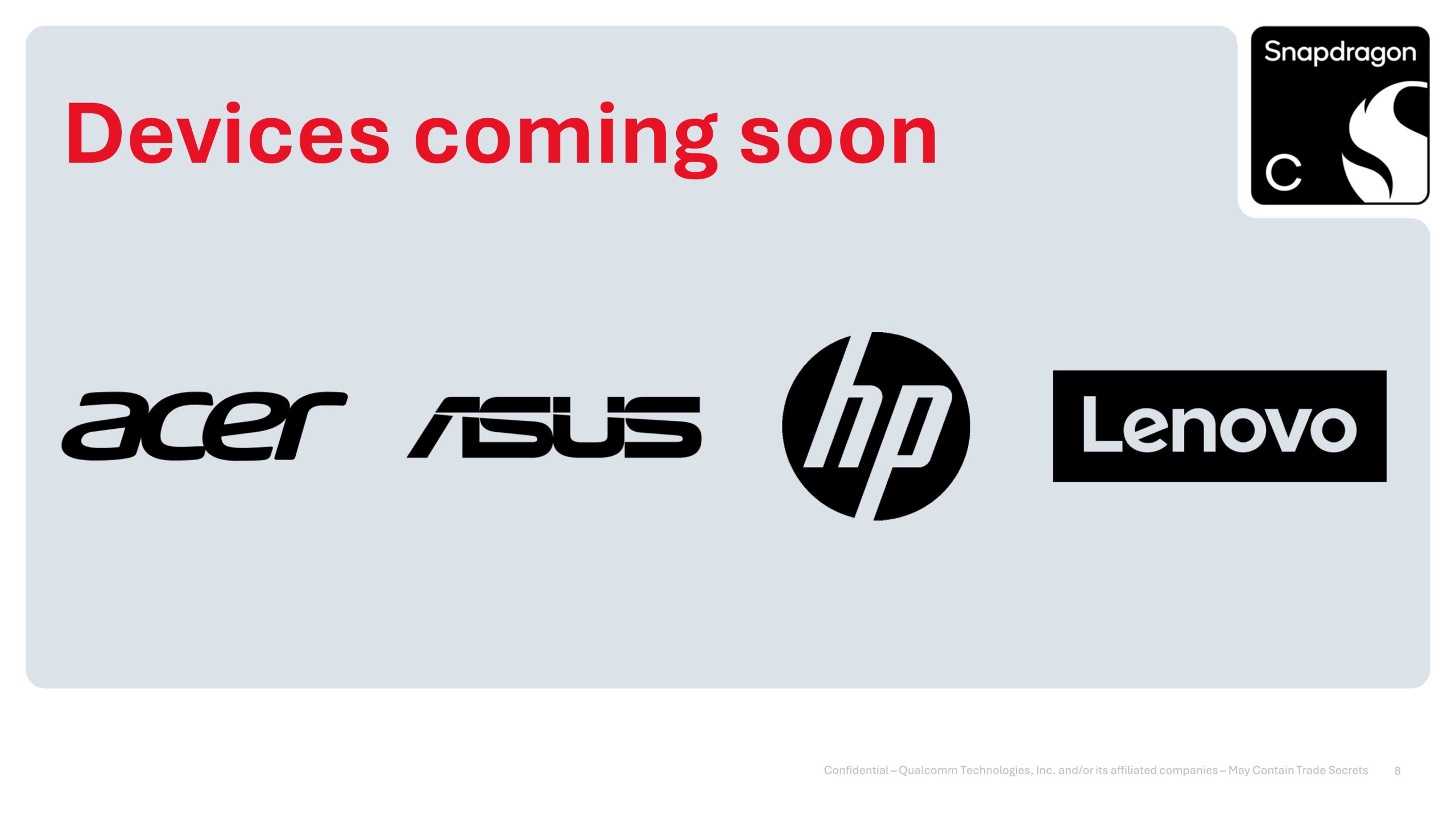 Logos d'Acer, Asus, HP et Lenovo sous le texte 'Appareils à venir' avec un emblème Snapdragon en haut à droite.