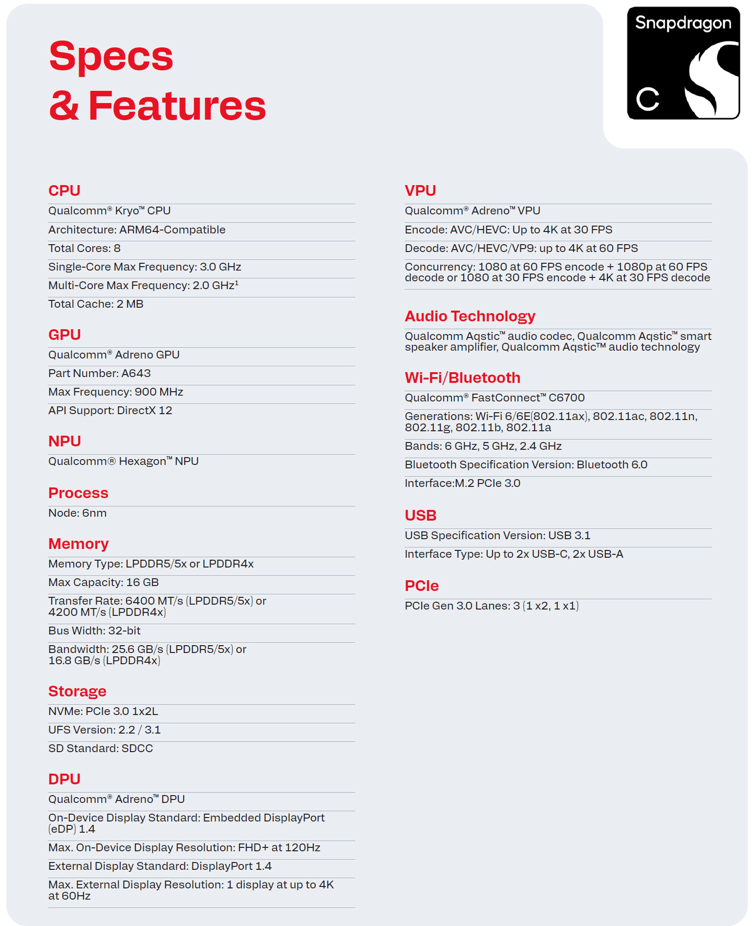 Fiche technique détaillée du processeur Qualcomm Snapdragon C avec les sections CPU Kryo, GPU Adreno, NPU Hexagon et les options de connectivité Wi-Fi 6E et USB 3.1.