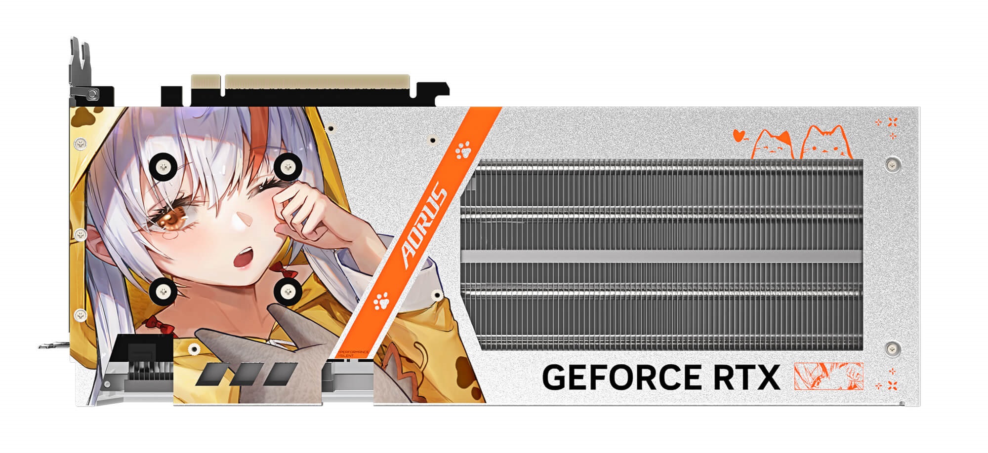 Détail de la carte graphique avec le design du personnage anime et les logos AORUS et GEFORCE RTX.