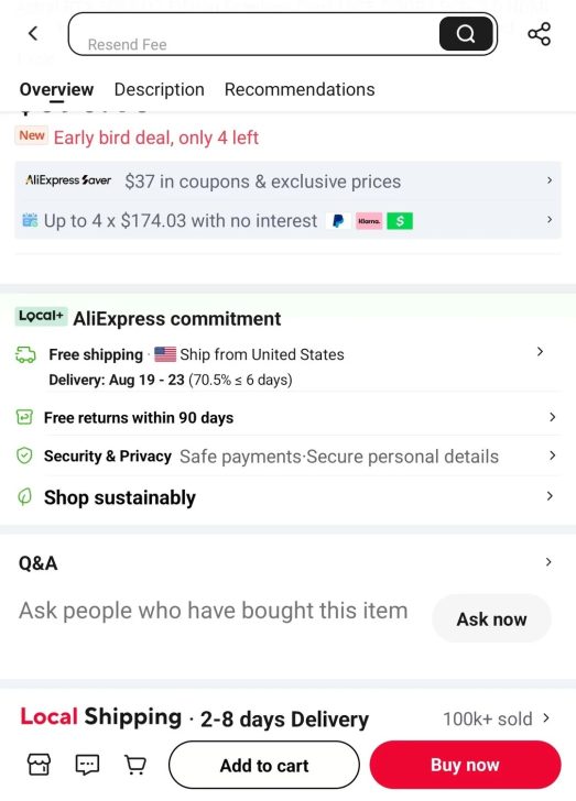 Capture d'écran d'une page AliExpress présentant une offre avec livraison prévue entre le 19 et le 23 août.