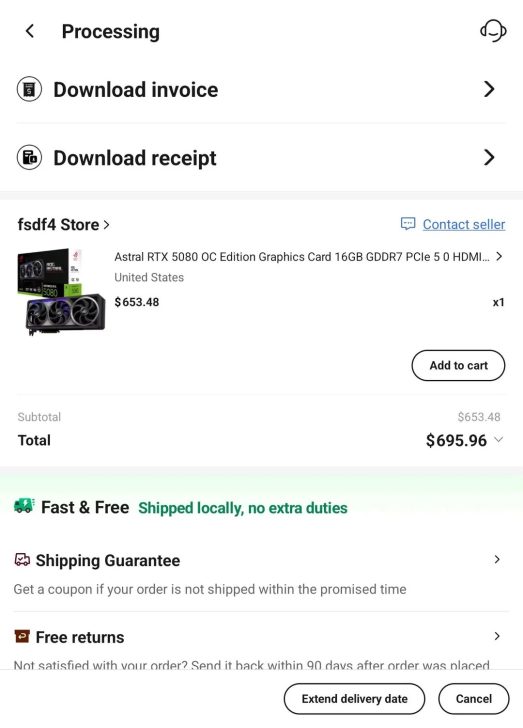 Page de commande montrant la carte Astral RTX 5080 à 653,48 euros, pour un total de 695,96 euros.