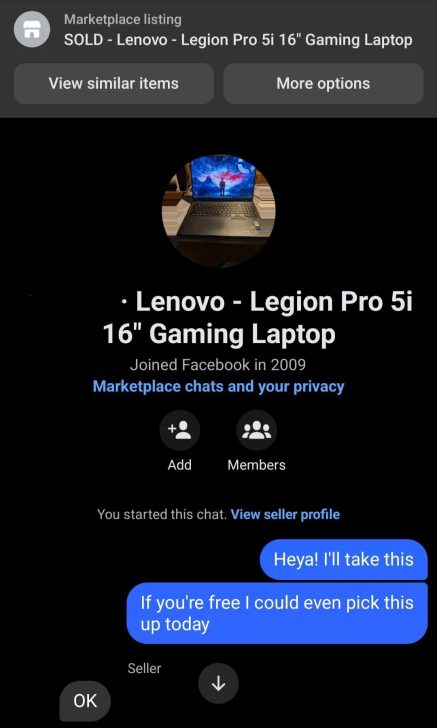 Facebook Marketplace listing showing an RTX 4070 gaming laptop with 32GB RAM and 2TB SSD listed for $600