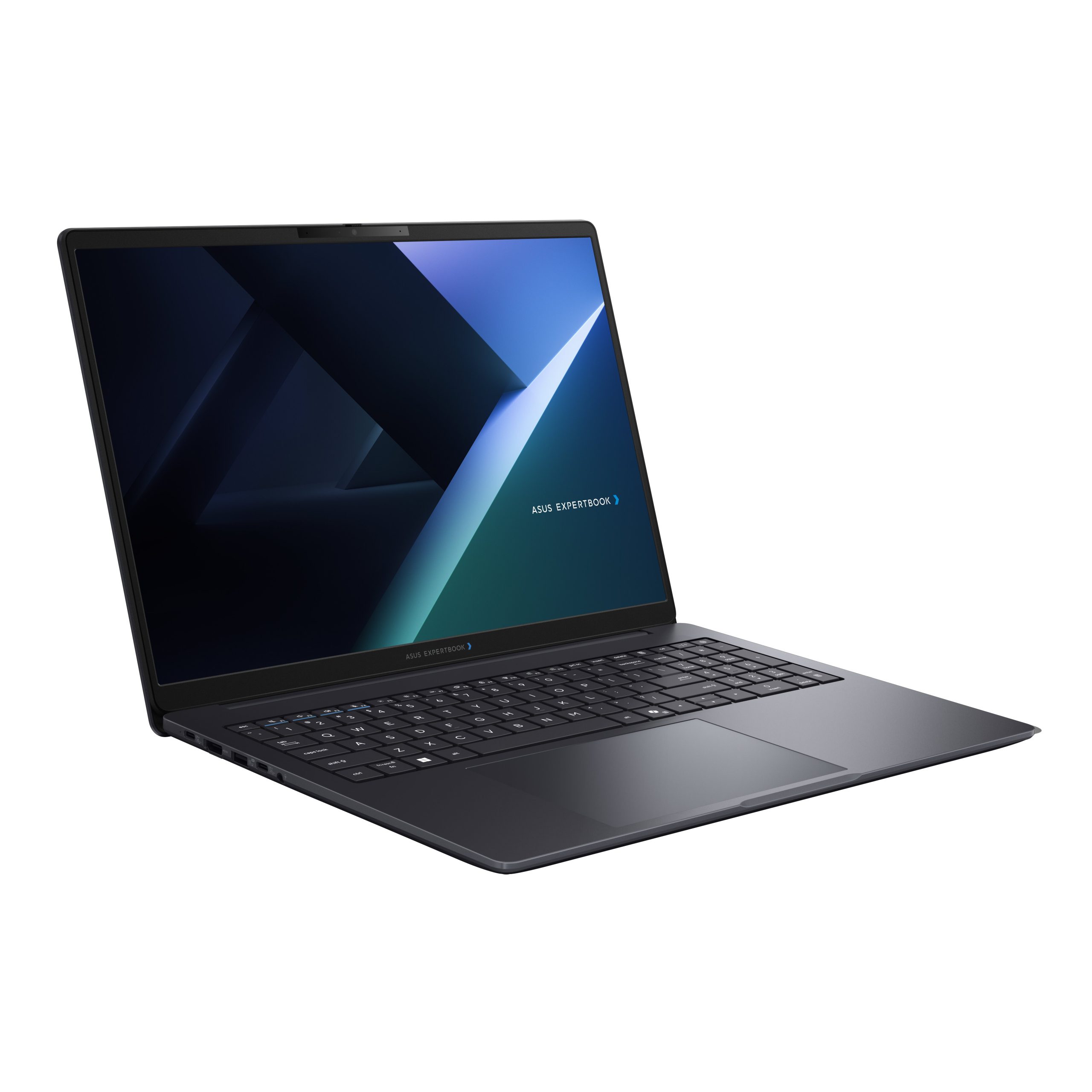 An ASUS ExpertBook laptop with a dark blue and black design is open, displaying 'ASUS EXPERTBOOK' on its screen.