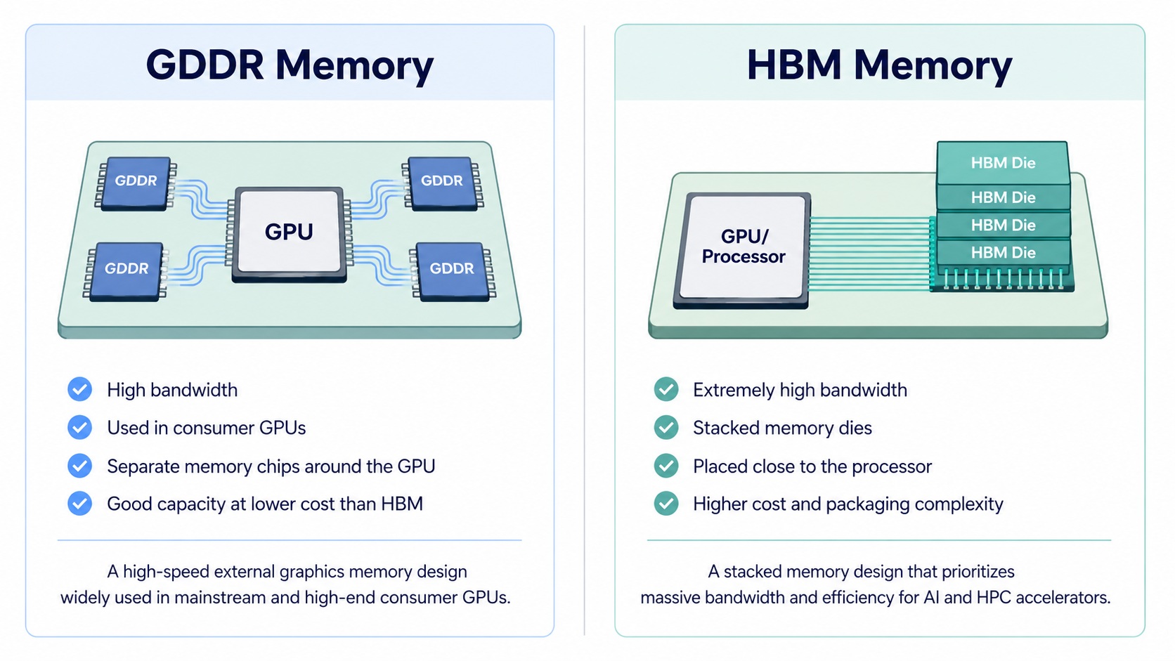 Comparaison illustrée entre la mémoire GDDR (puce séparées autour d'un GPU) et la HBM (puce empilées près d'un GPU).
