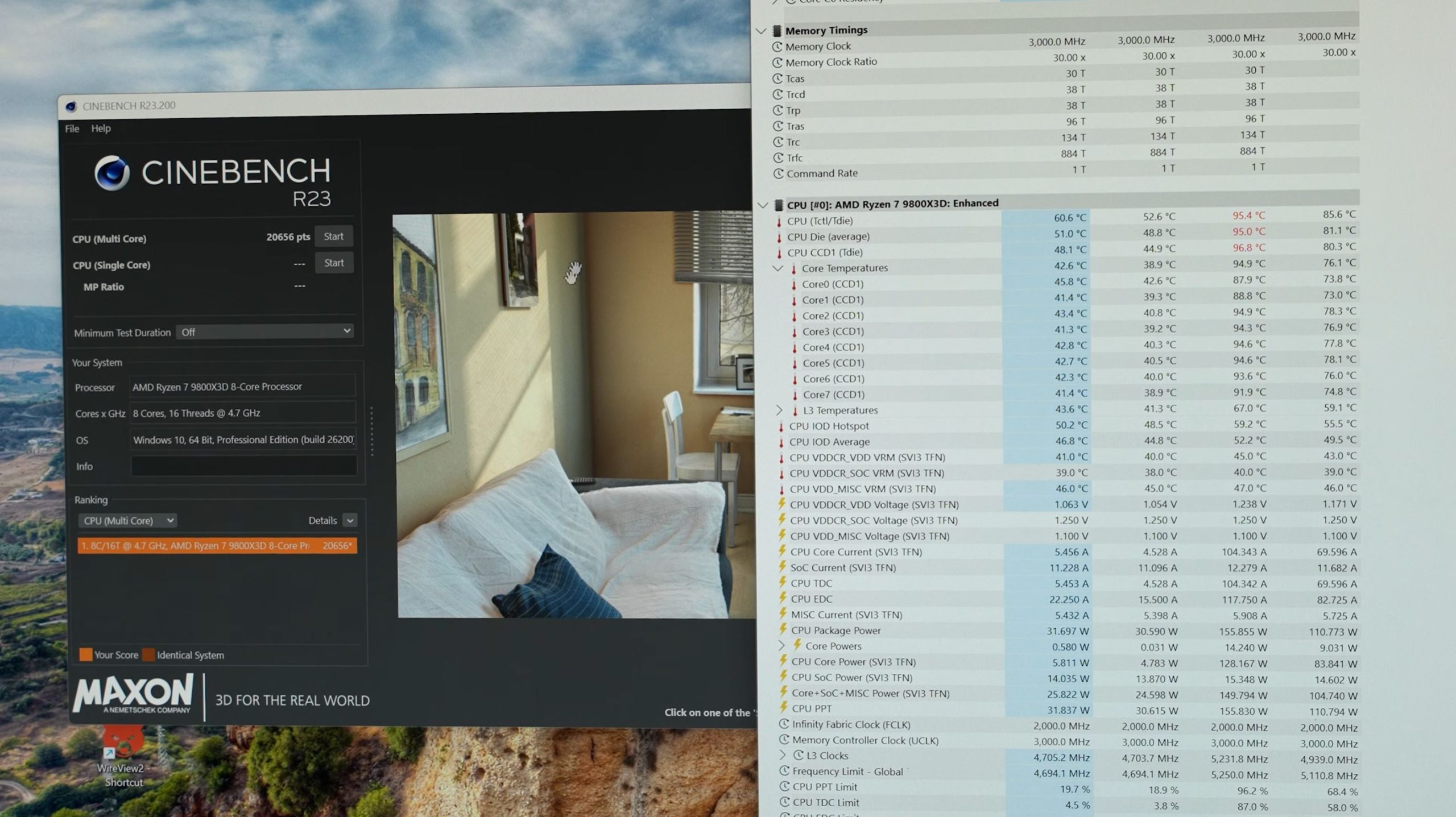 Résultat du benchmark Cinebench R23 sur un Ryzen 7 9800X3D affichant un score de 20565 points et une température processeur de 95.4°C.