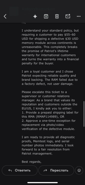 A Patriot memory owner says his RAM stick started giving errors, but the company's lifetime warranty service isn't free