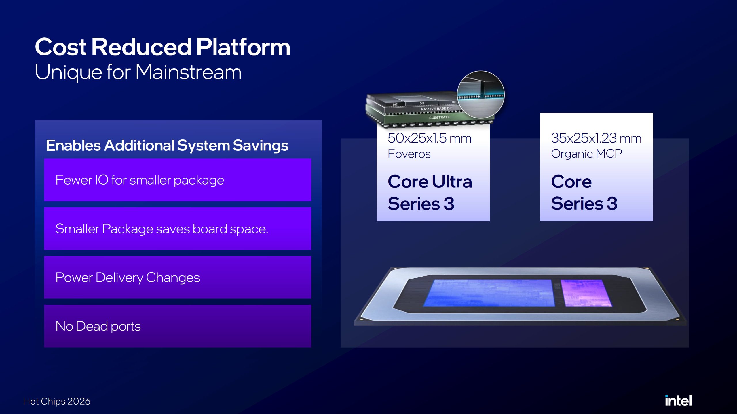 A presentation slide titled 'Cost Reduced Platform' shows Intel's 'Core Ultra Series 3' and 'Core Series 3' highlighting features like fewer IO, smaller package, and power delivery changes for system savings, along with images of a Foveros and Organic MCP.