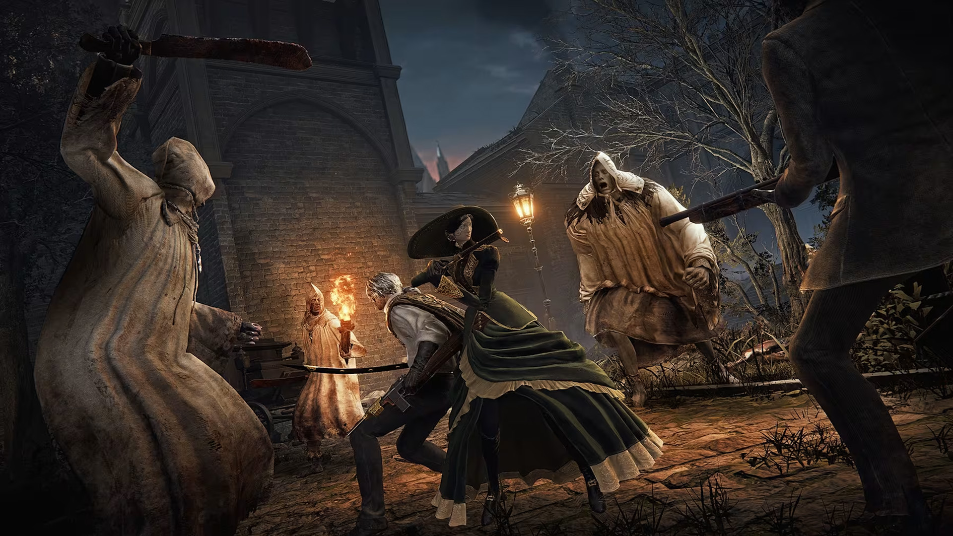 A dramatic scene from the game Bloodborne shows the player character battling multiple hooded enemies in a dark, gothic environment.