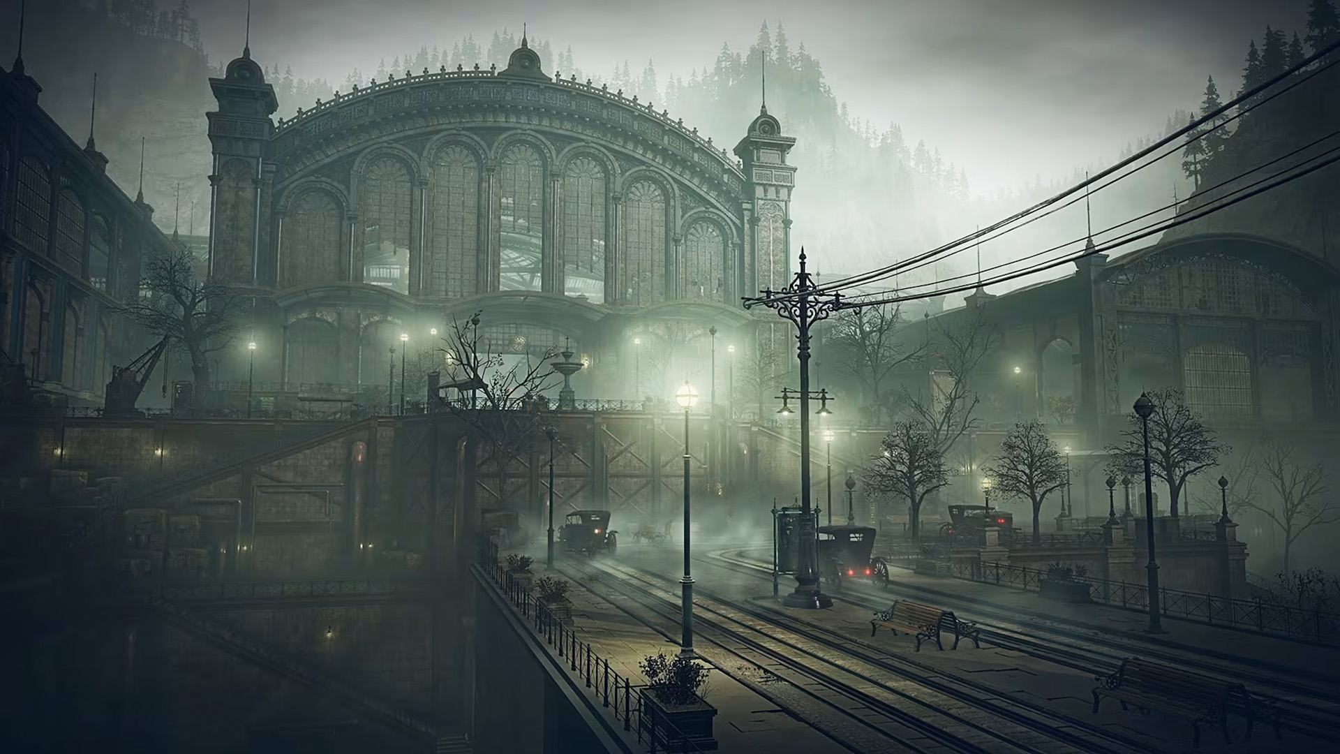 An atmospheric scene from a foggy, vintage train station setting in 'Lies of P,' featuring period streetlamps and architecture.
