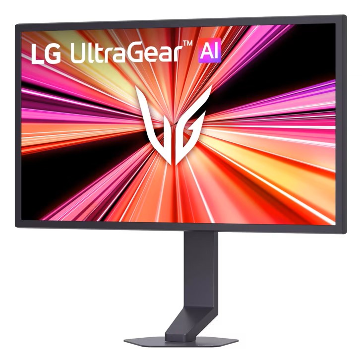 Un écran LG UltraGear affichant des graphismes colorés et le texte 'LG UltraGear AI'.