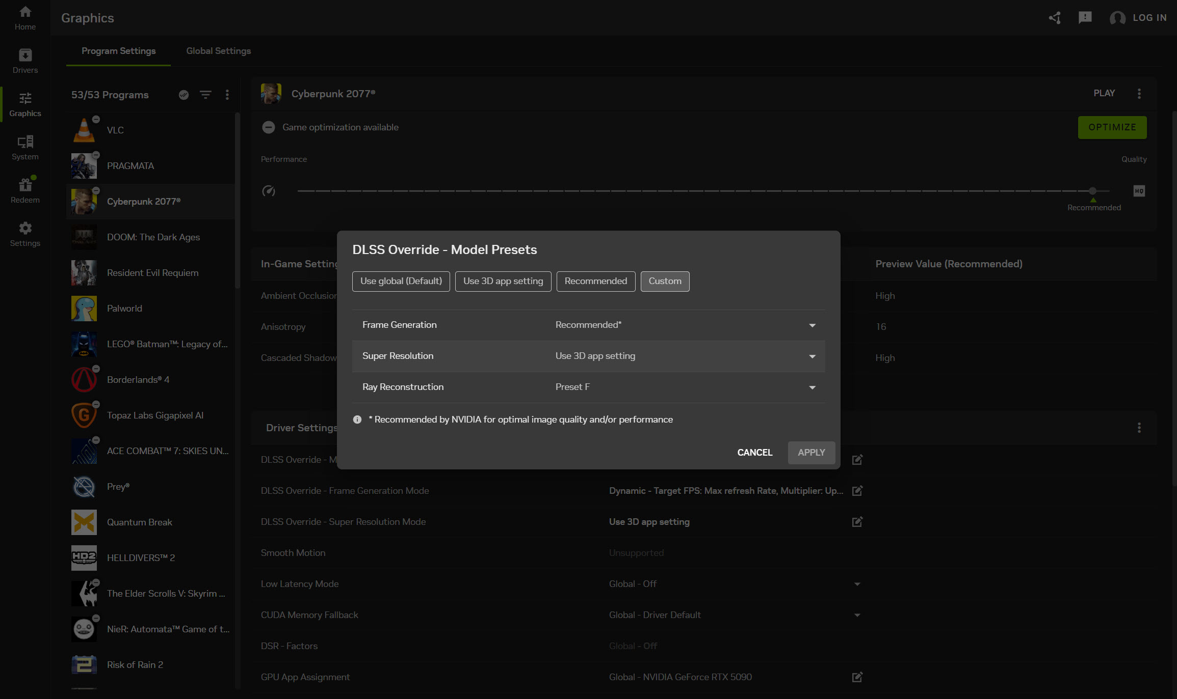 Menu de sélection des préréglages DLSS dans l'application NVIDIA.
