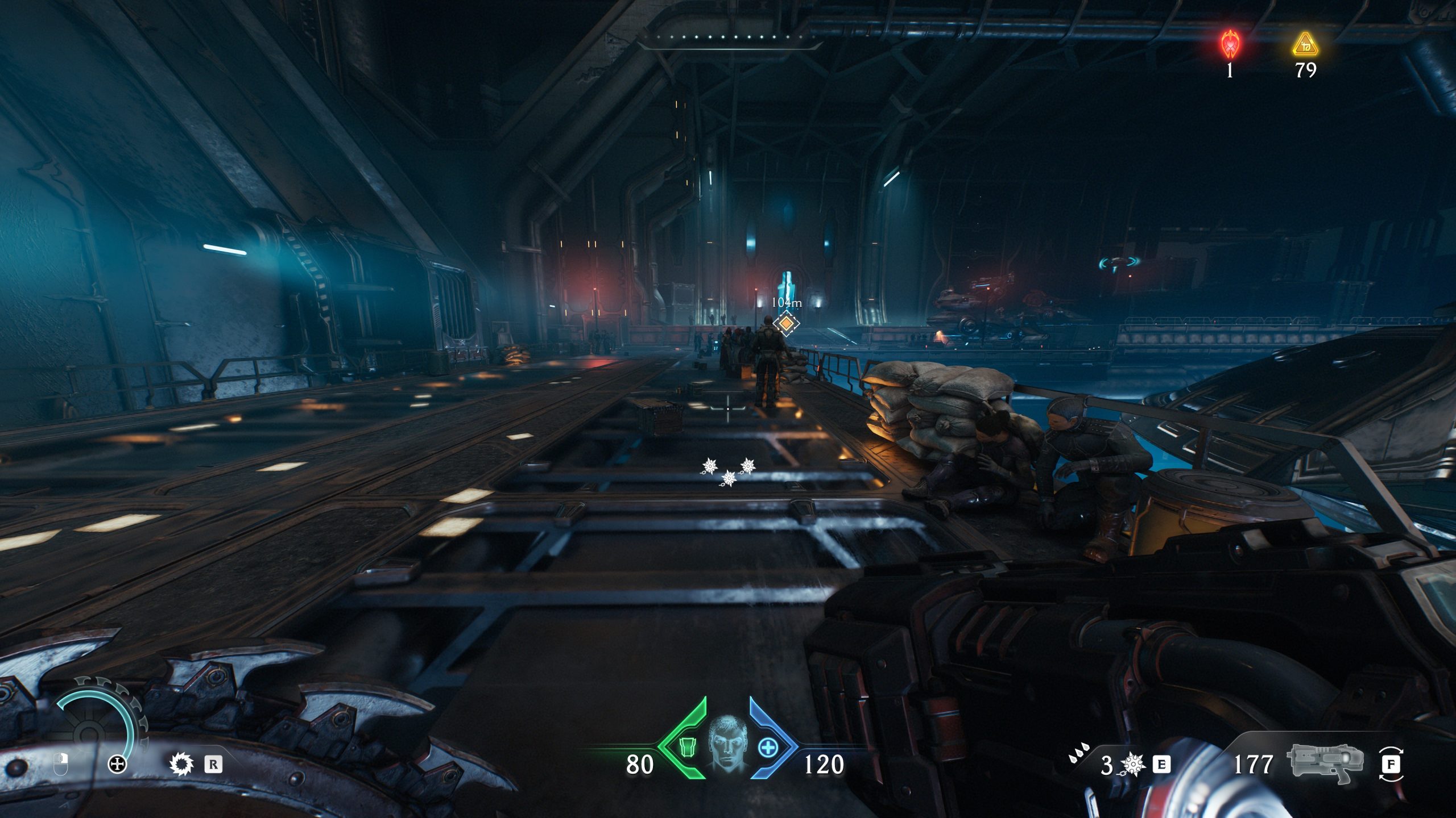 Couloir industriel dans un jeu de science-fiction.