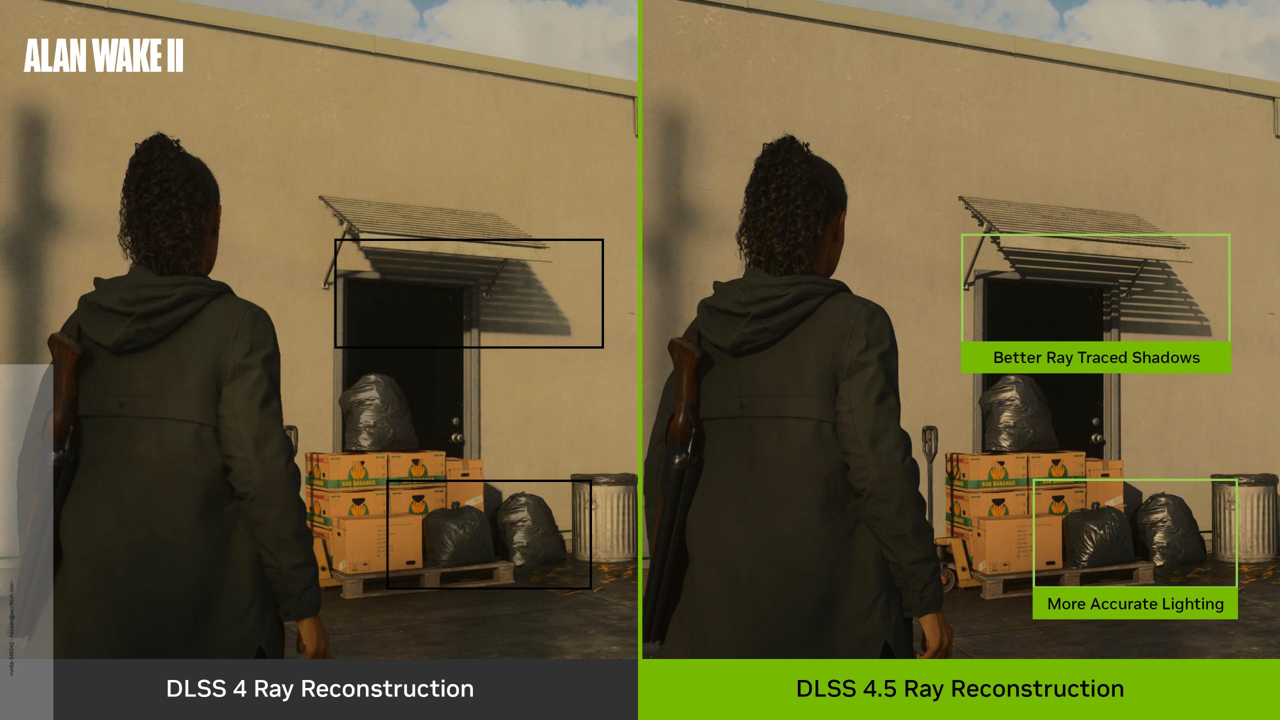 L'image compare 'DLSS 4 Ray Reconstruction' à gauche et 'DLSS 4.5 Ray Reconstruction' à droite dans 'Alan Wake II', mettant en avant l'amélioration de l'éclairage et des ombres.