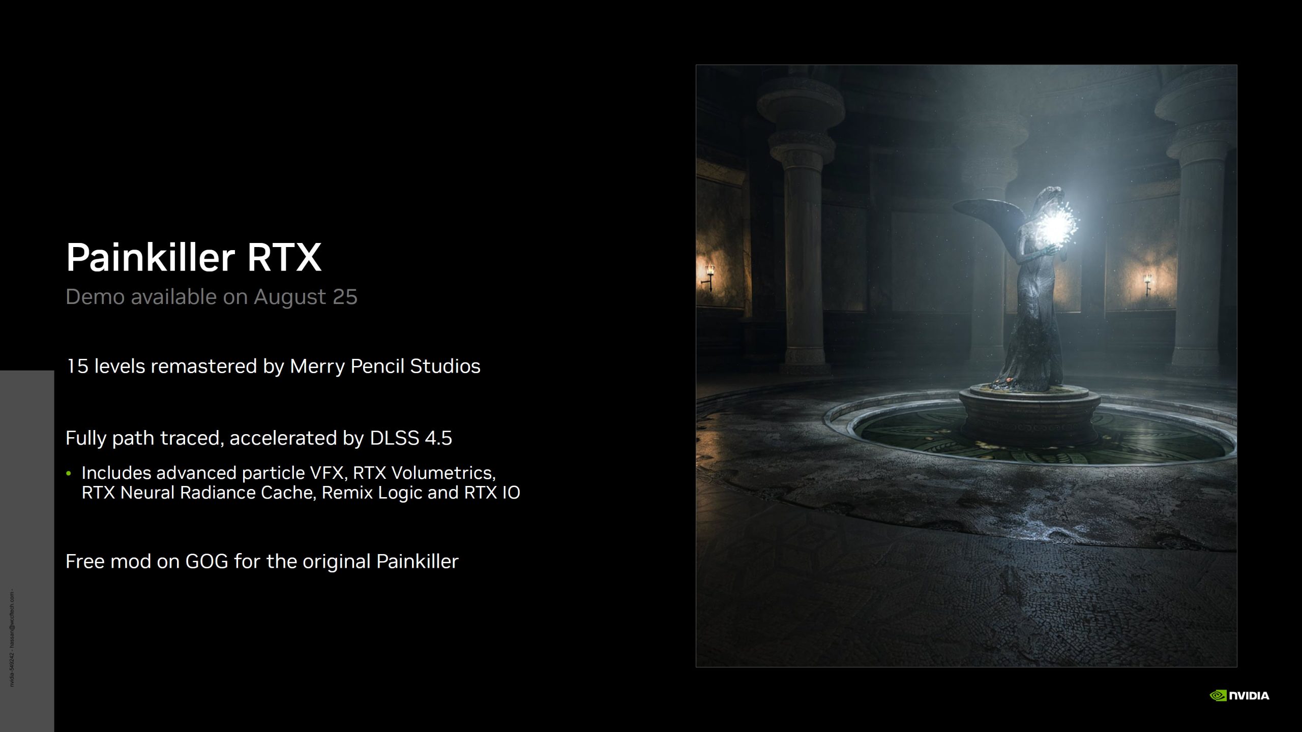 L'image présente l'annonce de la démo 'Painkiller RTX' disponible le 25 août, avec 15 niveaux remastérisés.