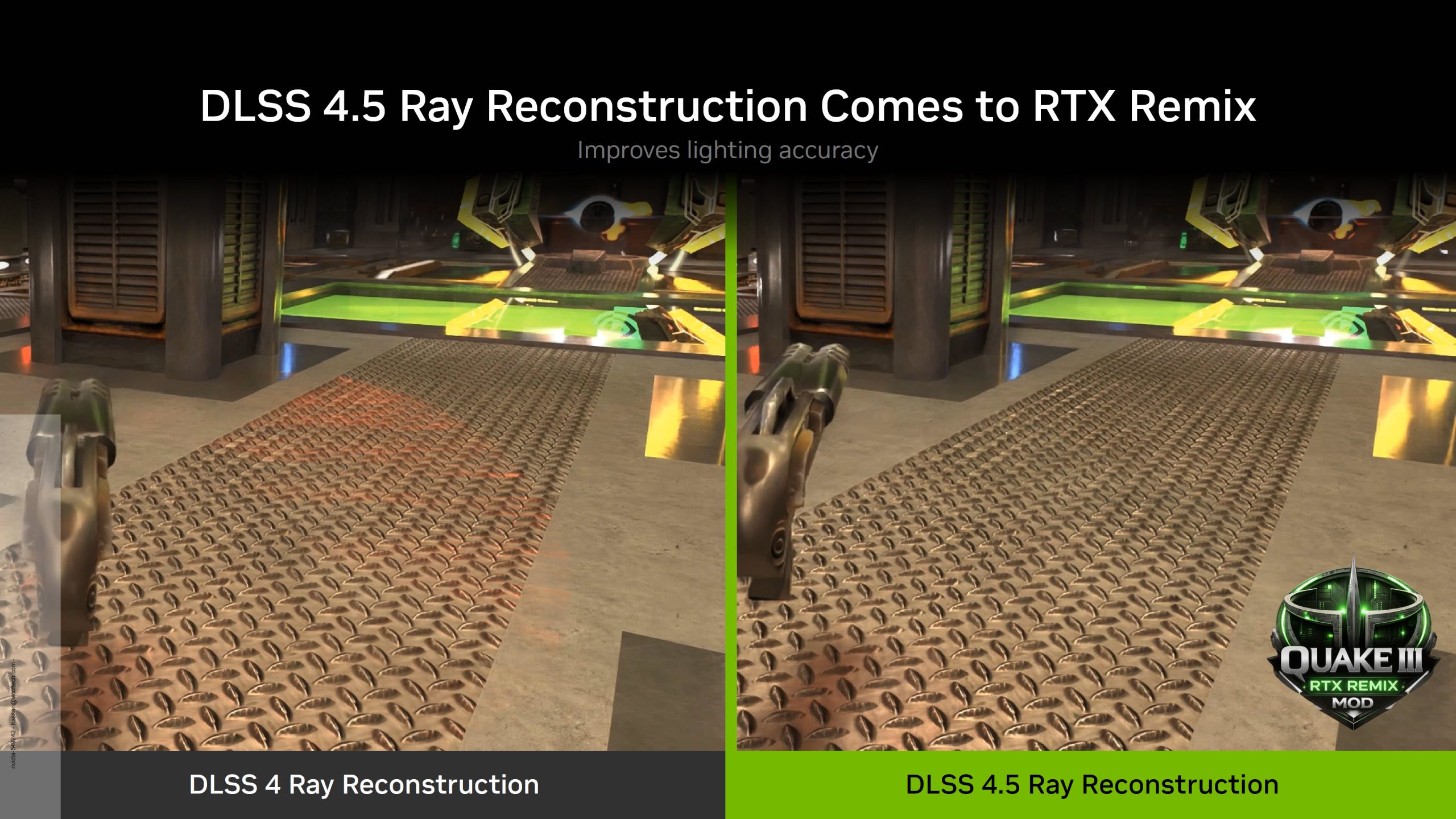 Une comparaison en écran partagé montre 'DLSS 4.5 Ray Reconstruction' en action sur le mod 'Quake III RTX Remix'.