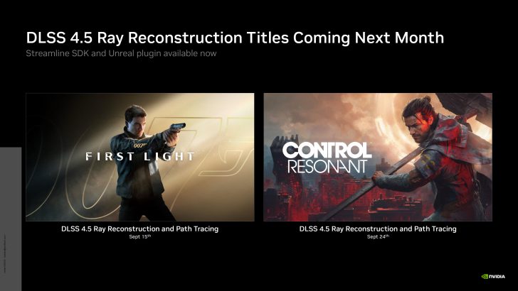 Une image promotionnelle présente les titres compatibles DLSS 4.5 Ray Reconstruction, 'First Light' et 'Control Resonant', avec leurs dates de sortie respectives.