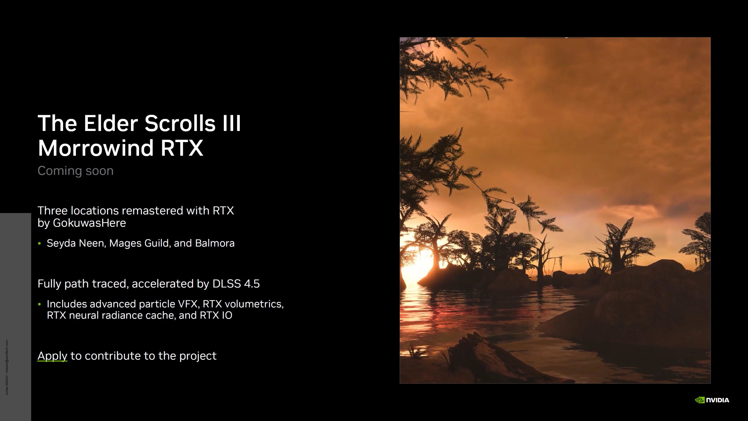 Une image promotionnelle pour 'The Elder Scrolls III Morrowind RTX Coming soon' montre des paysages remastérisés.