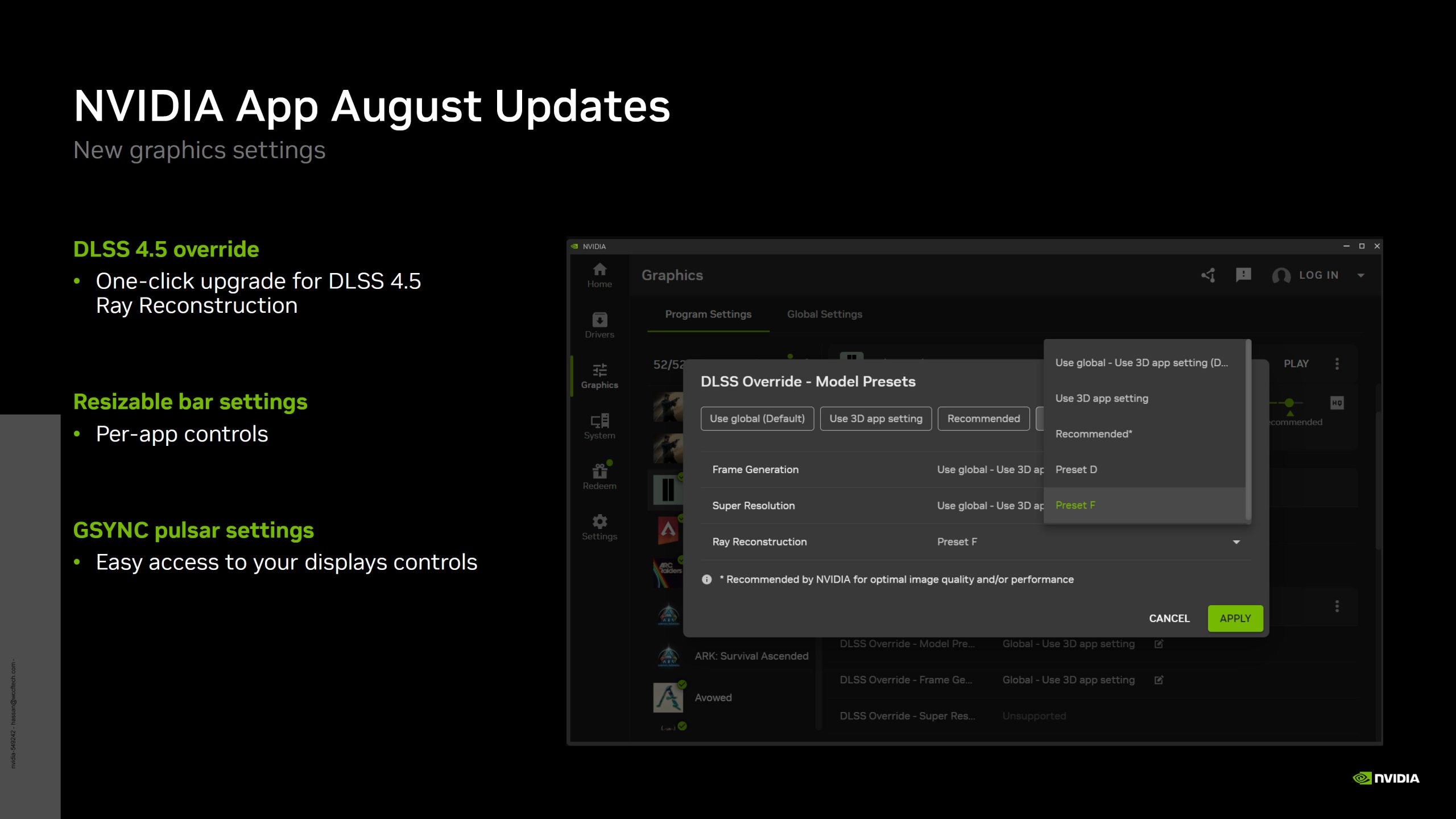 Capture d'écran des 'Mises à jour d'août de l'application NVIDIA' montrant les nouveaux paramètres graphiques, dont la remplacement DLSS 4.5 et les réglages Resizable Bar.