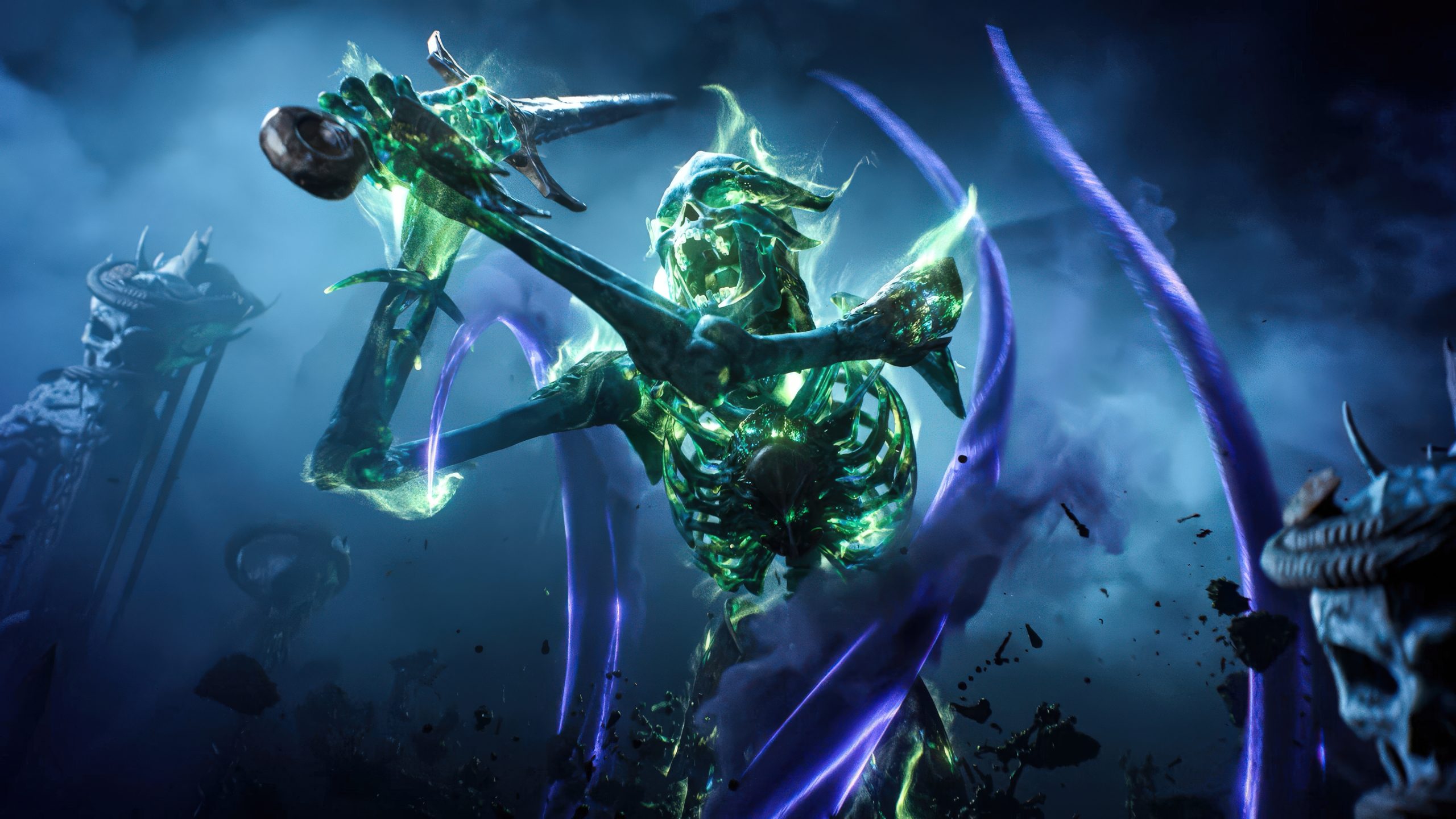 Une grande créature squelettique luminescente du jeu 'Lords of the Fallen' brandit une arme au milieu d'une énergie éthérée tourbillonnante.