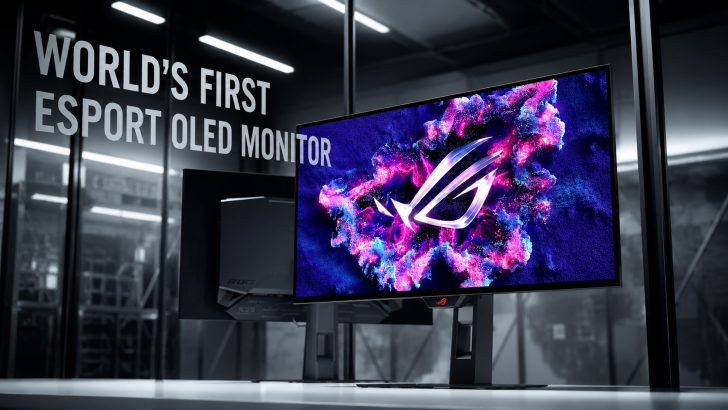 The ASUS ROG gaming monitor is displayed with vibrant graphics, and text on the background reads 'World’s First Esport OLED Monitor.'