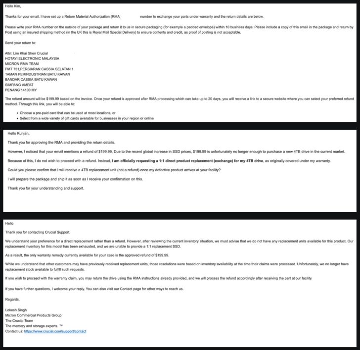 Échange d'emails entre un client et Micron Crucial Products Group concernant une procédure RMA, un remboursement de 199,99 € et l'indisponibilité d'un remplacement SSD en raison des contraintes de stock.