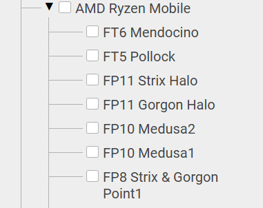 Liste des familles Ryzen Mobile AMD, incluant FP10 Medusa2 et FP10 Medusa1.