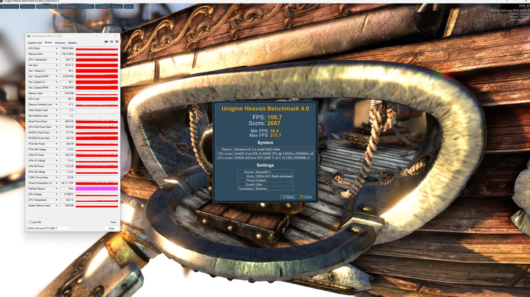 Benchmark Unigine Heaven 4.0 montrant une RTX 2080 Ti à 106.7 FPS et un score de 2687.