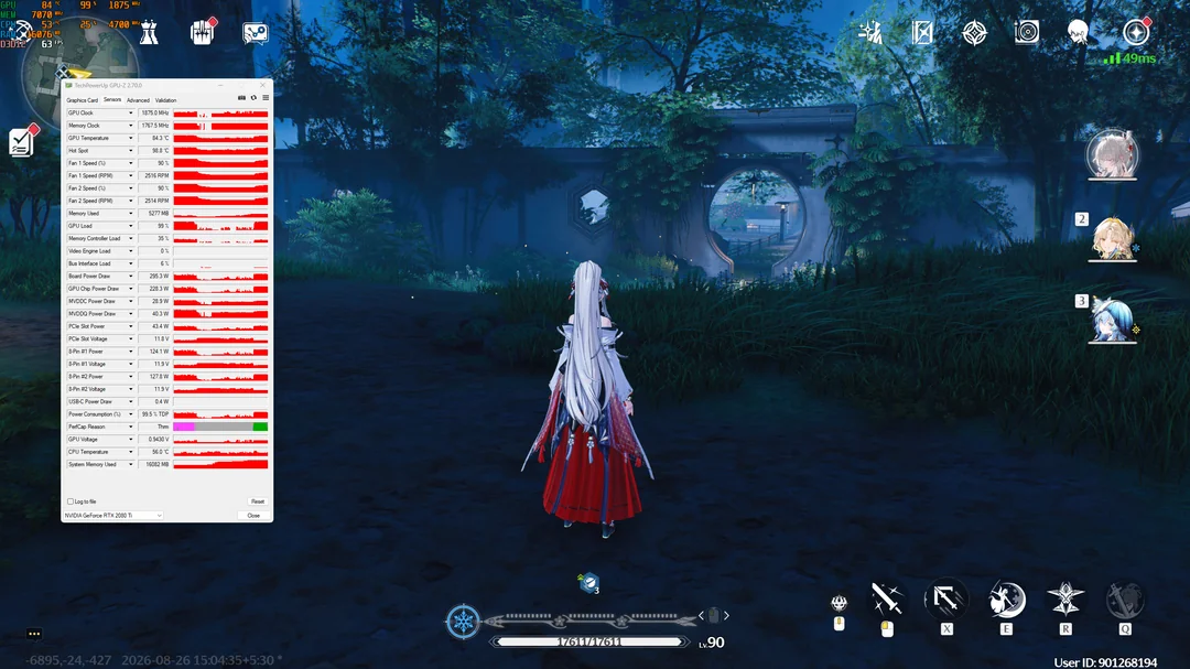 Capture du jeu 'Gu Jian Qi Tan 4' avec un overlay GPU-Z montrant les métriques d'une RTX 4090.