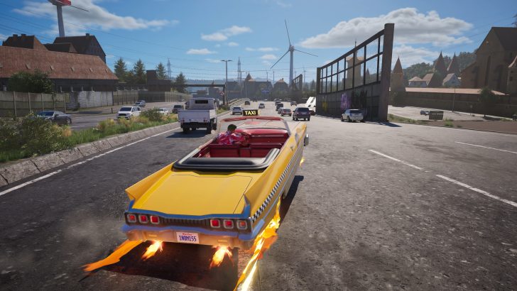 Un taxi jaune avec des flammes à l'arrière roule sur une autoroute dans Crazy Taxi: World Tour.