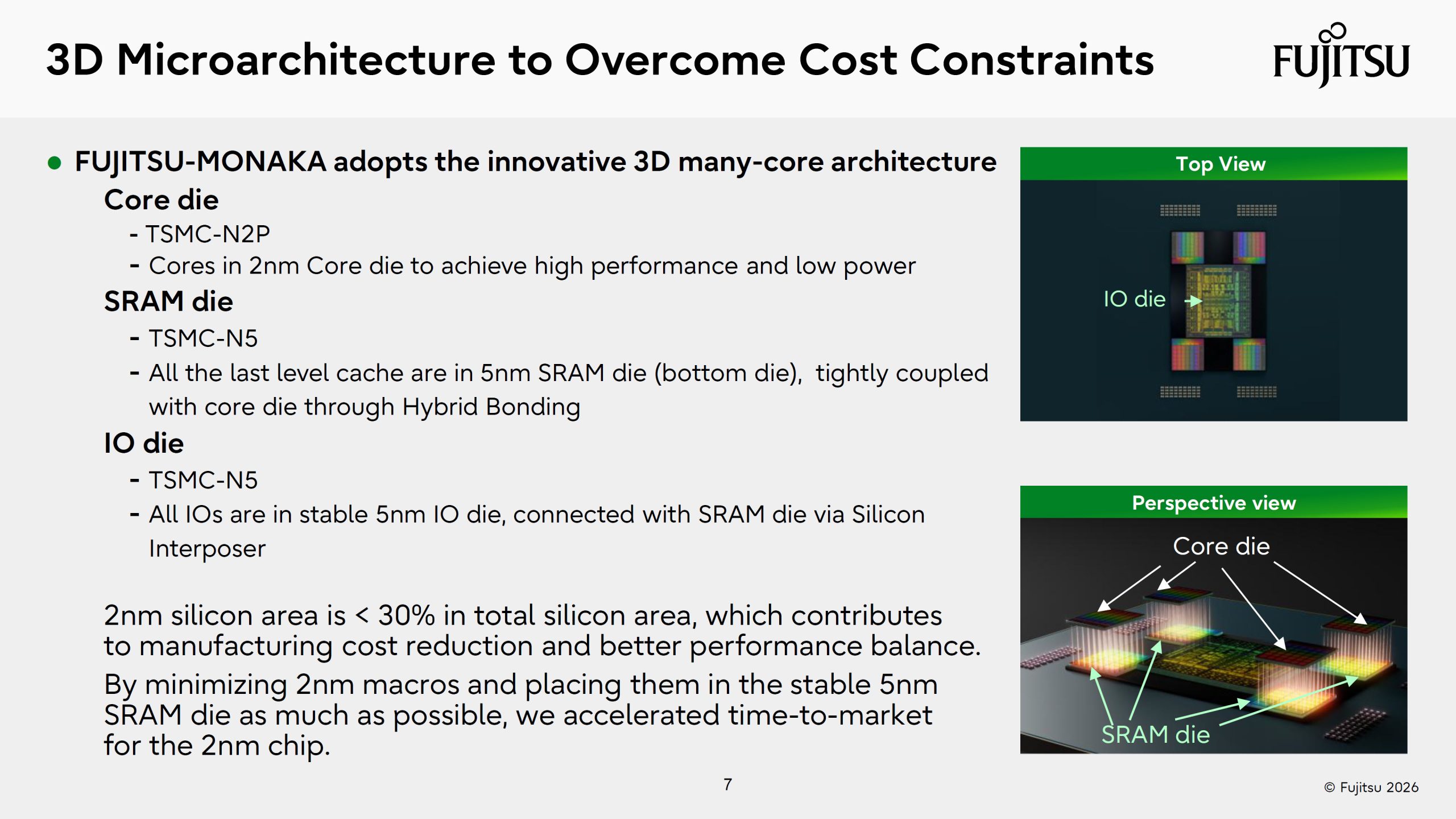 Schéma de l'architecture many-core 3D du FUJITSU-MONAKA, montrant les dies TSMC-N2P et TSMC-N5.
