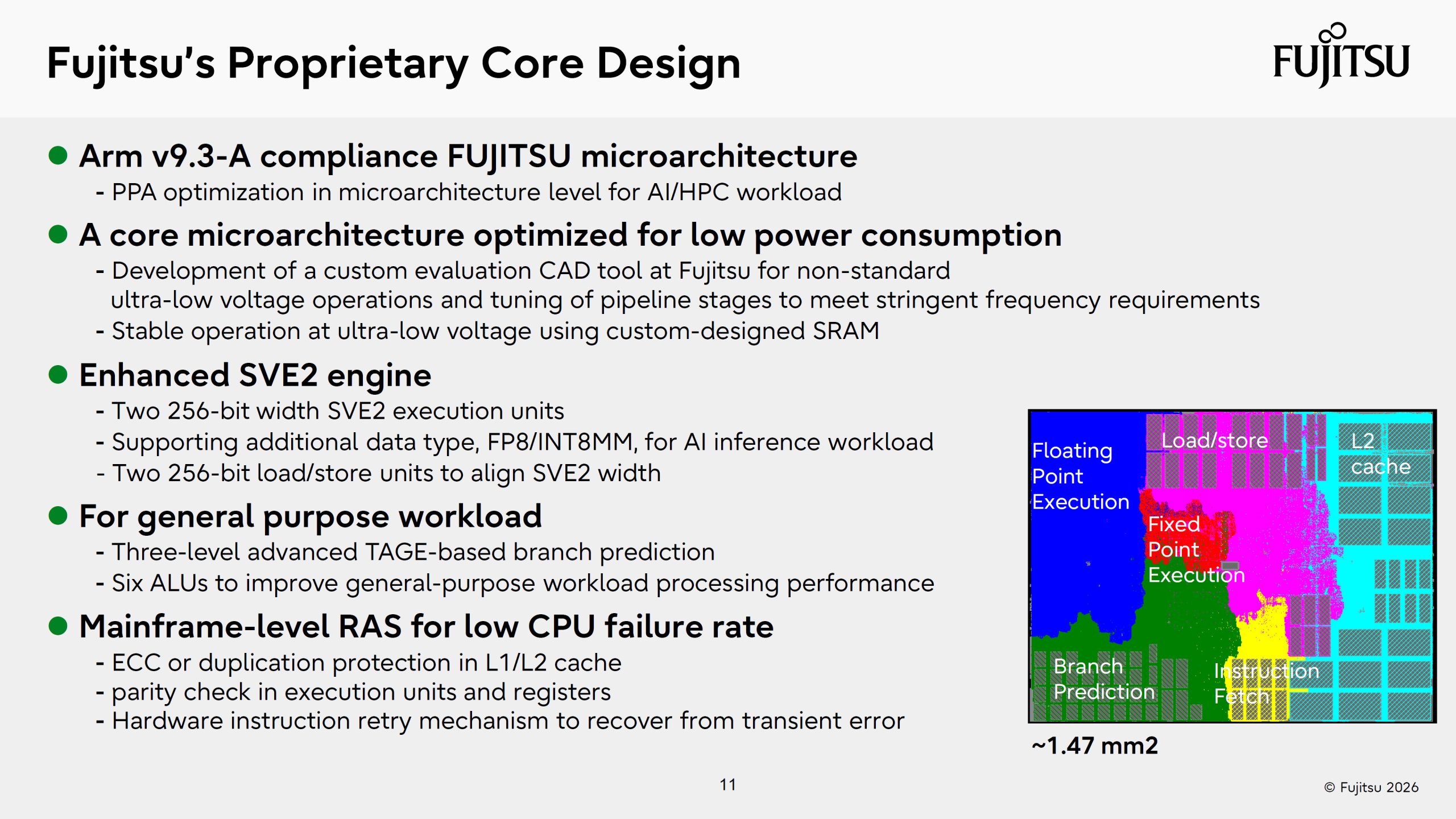 Diapositive détaillant la conception propriétaire du cœur de Fujitsu, avec le respect d'Arm v9.3-A et le moteur SVE2 amélioré.