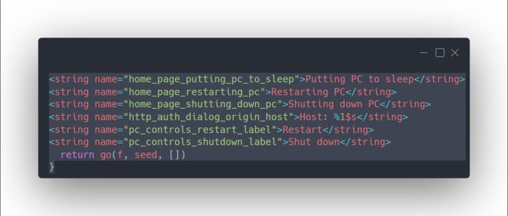 Code définissant les options d'alimentation comme 'Putting PC to sleep' ou 'Shutting down PC'.