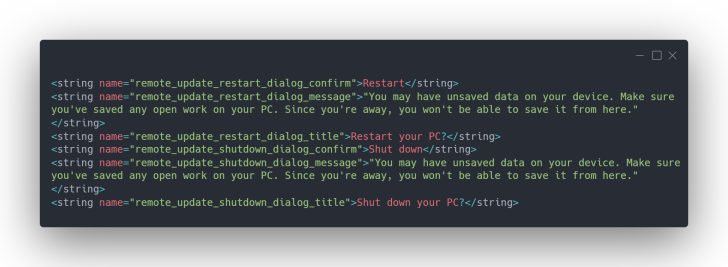 Fenêtre de code avec des chaînes pour 'Restart your PC?' et 'Shut down your PC?'.