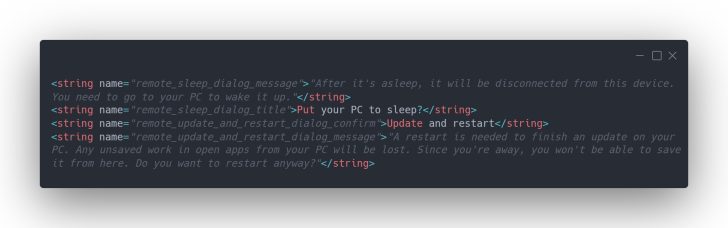 Code XML avec des messages distants comme 'Put your PC to sleep?' et 'Update and restart'.