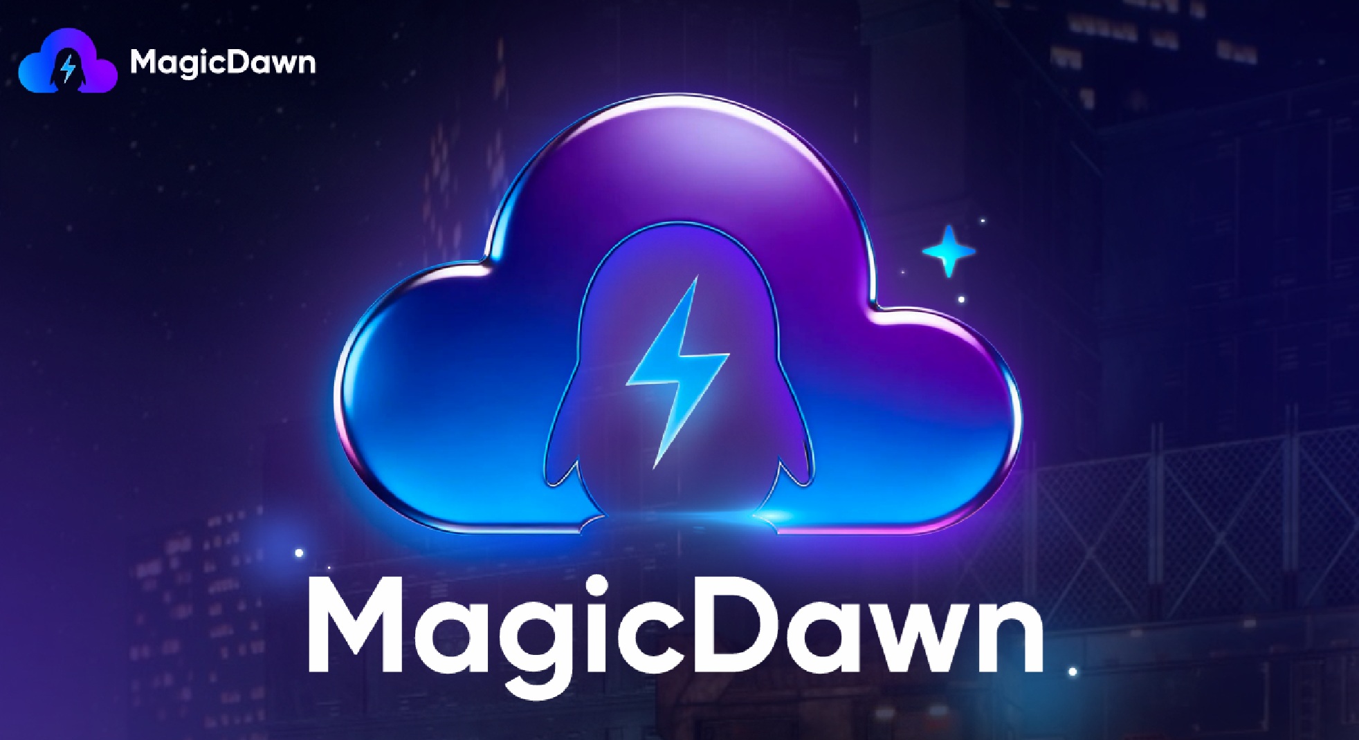 L'image montre le logo et le texte pour 'MagicDawn' avec un design stylisé de nuage et d'éclair, sur fond sombre.