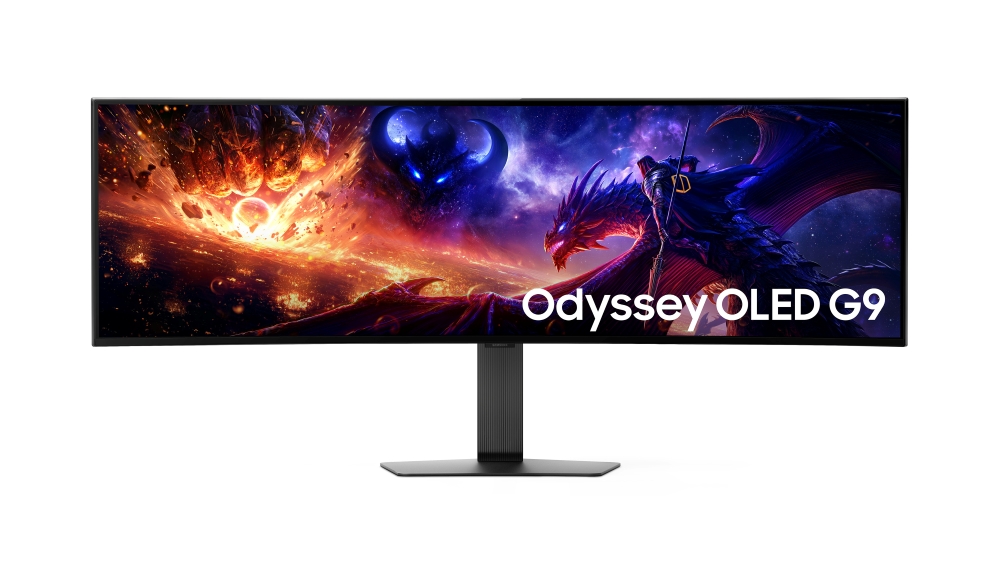 Un moniteur Samsung Odyssey OLED G9 affichant une scène fantasy colorée avec un dragon et un fond cosmique.