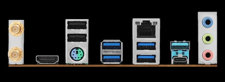 Panneau d'entrées/sorties d'une carte mère montrant deux connecteurs d'antenne, un port HDMI, un port PS/2, des ports USB 2.0, USB 3.0, Ethernet, USB-C et des prises audio.