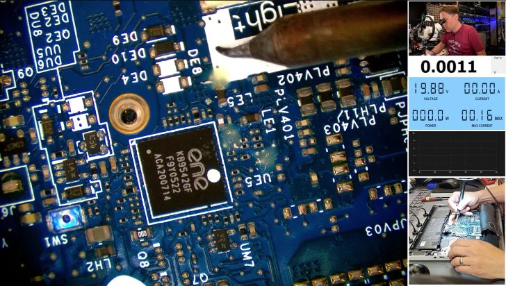 A close-up of a circuit board shows an ENE chip next to a soldering iron tip, with a split screen displaying a technician working on a laptop and a digital readout showing '19.88 V' voltage and '0.016' max current.