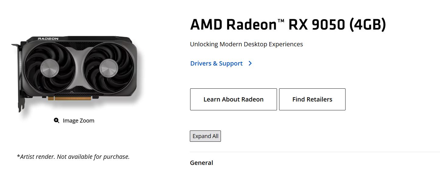 Capture d'écran de la page produit AMD de la Radeon RX 9050 4 Go