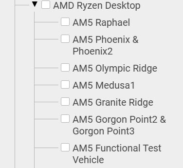 Liste des familles Ryzen Desktop AMD, incluant AM5 Olympic Ridge et AM5 Medusa1.