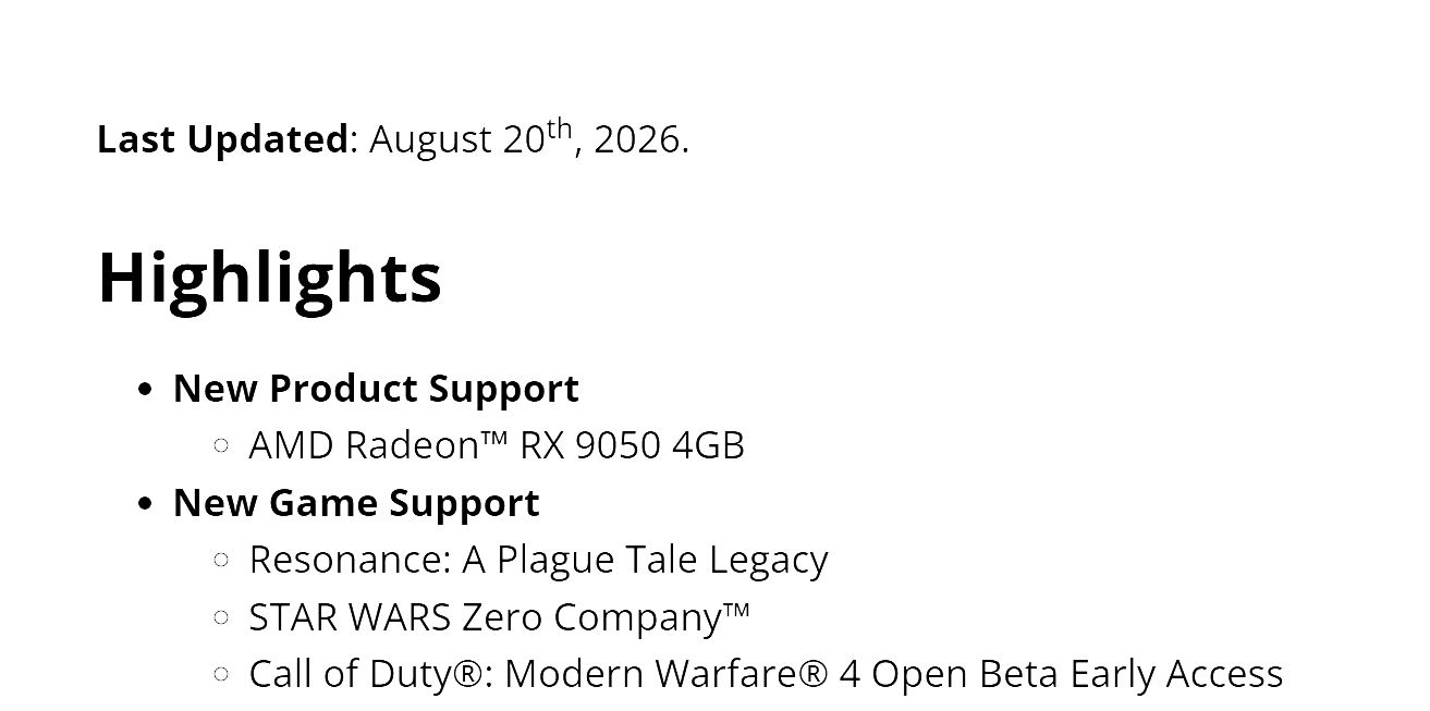 Un visuel intitulé 'Highlights' présente le support du nouveau produit AMD Radeon RX 9050 4GB et le support des nouveaux jeux Resonance: A Plague Tale Legacy, STAR WARS Zero Company, et Call of Duty: Modern Warfare 4 Open Beta Early Access.