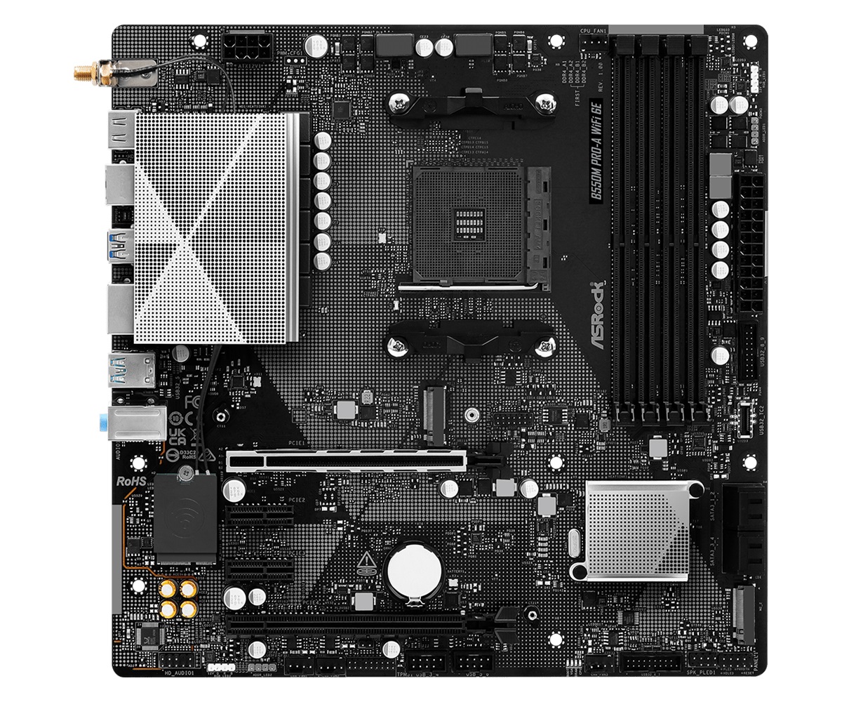 Carte mère ASRock B550M Pro-A WiFi avec socket AM4, quatre slots DIMM et un slot PCIe x16.