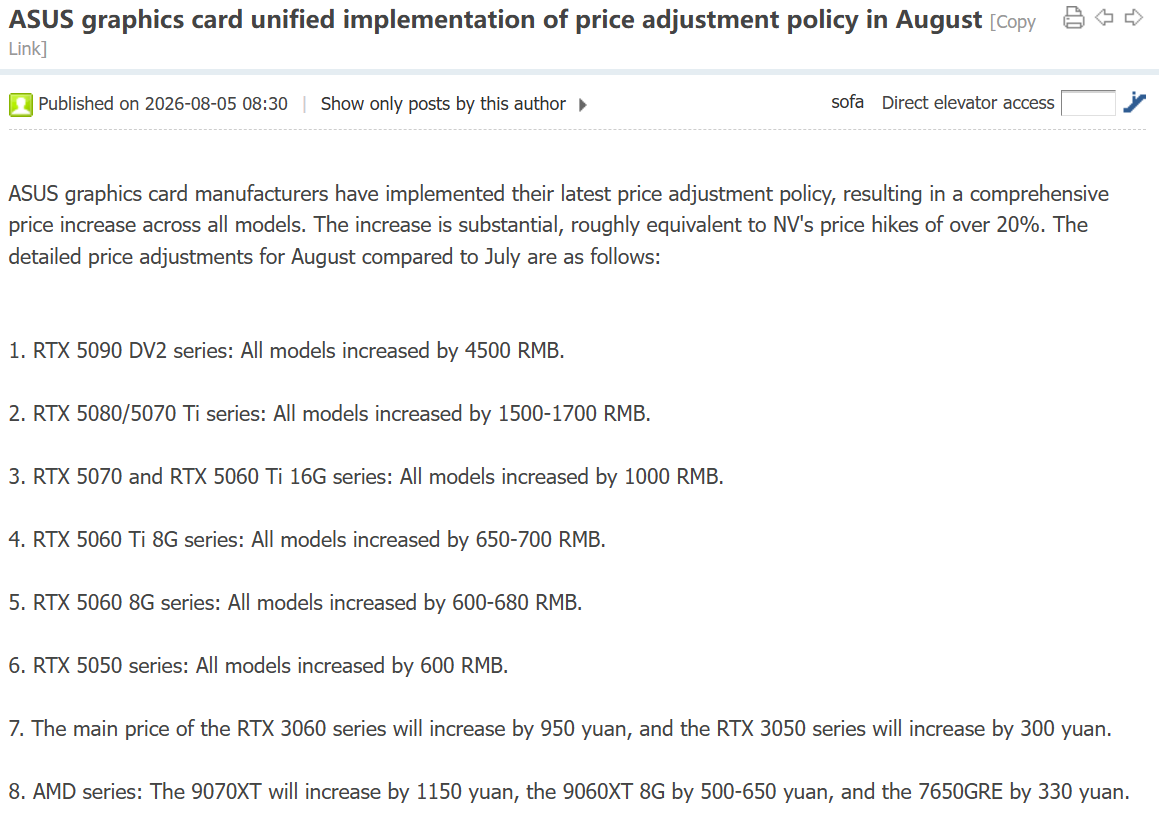 Liste détaillant les augmentations de prix des cartes graphiques ASUS en août, incluant la série RTX 5090 DV2 en hausse de 4500 RMB et la AMD 9070XT en hausse de 1150 yuan.