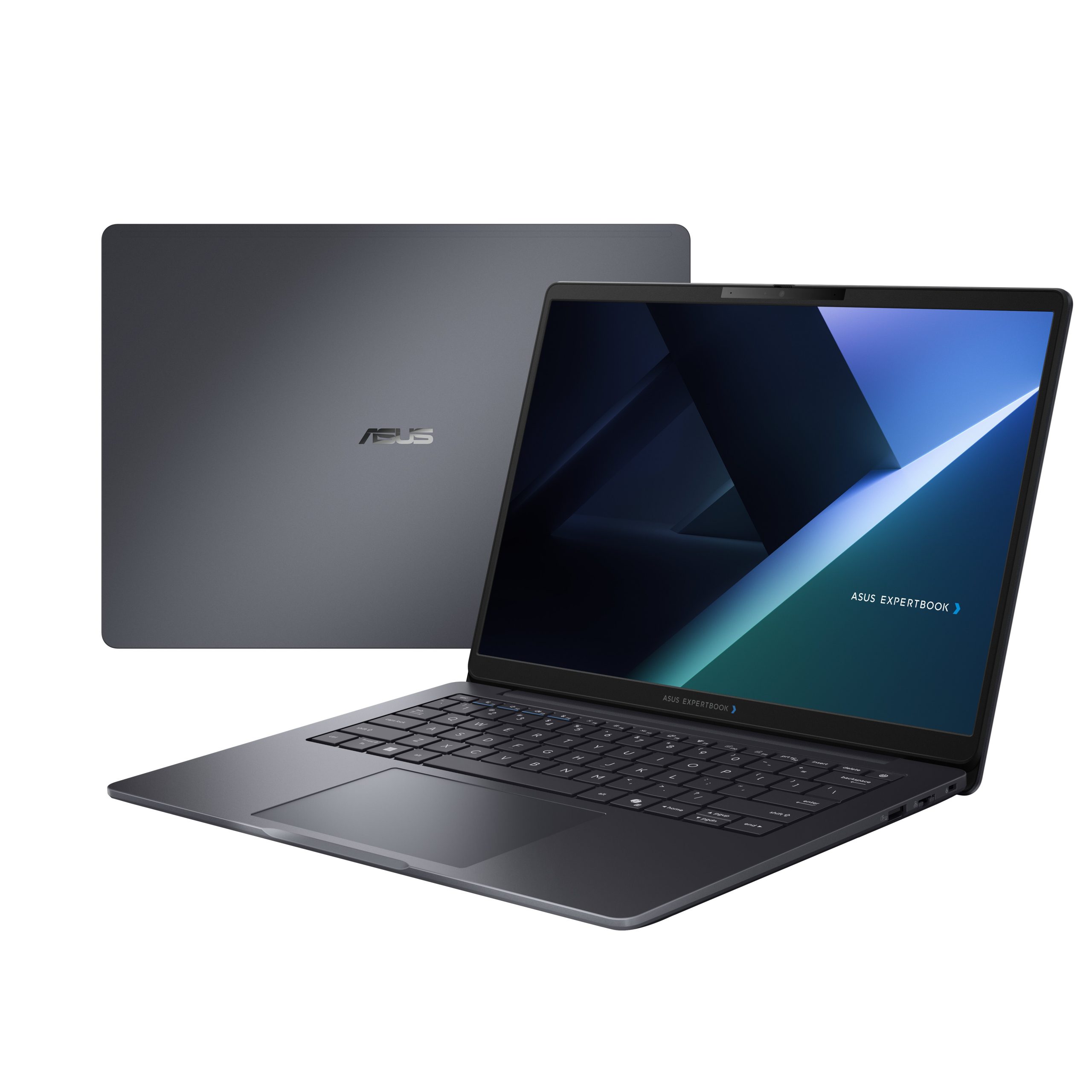 ASUS ExpertBook laptop with its screen displaying a blue design and the text 'ASUS EXPERTBOOK'.