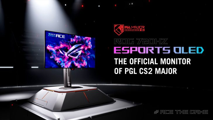 A ROG 720Hz esports OLED monitor is displayed as 'The official monitor of PGL CS2 Major,' with the hashtag '#ACE THE GAME' visible.