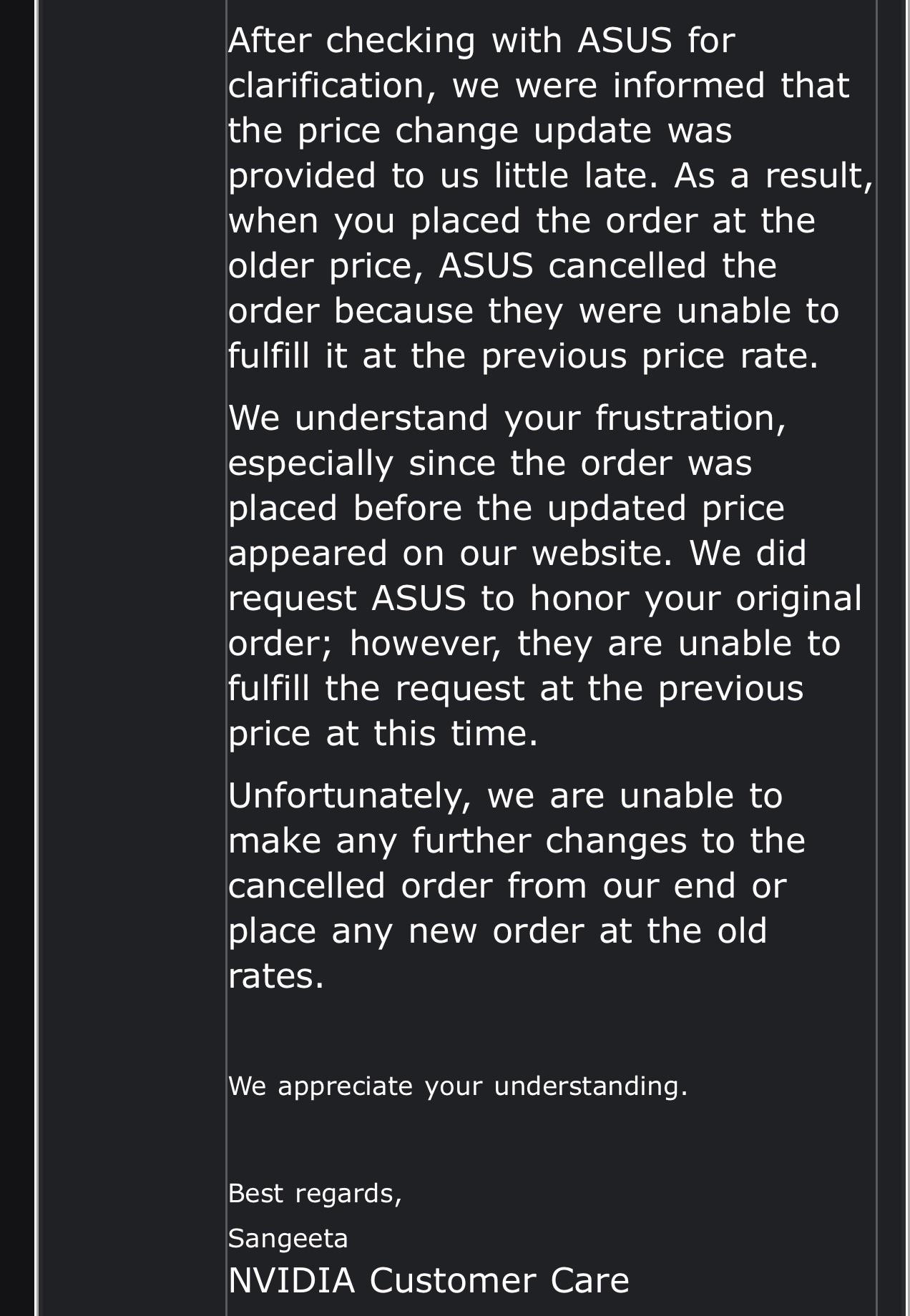 Message du service client NVIDIA expliquant une annulation de commande due à une mise à jour tardive du prix par ASUS.